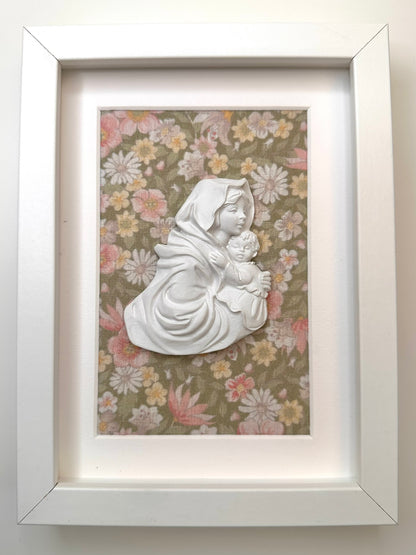 Cuadro Virgen Flores Verde/Rosa